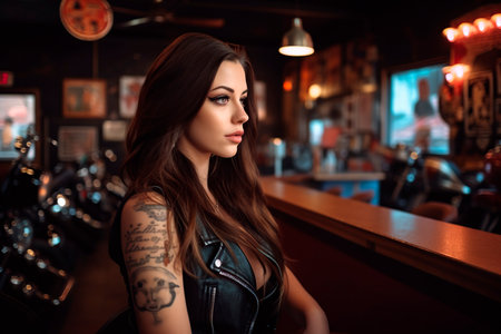 beautiful brunette woman sitting at a bar counter. generated by AIの素材