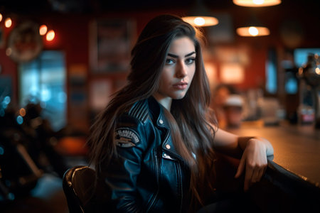beautiful brunette woman sitting at a bar counter. generated by AIの素材