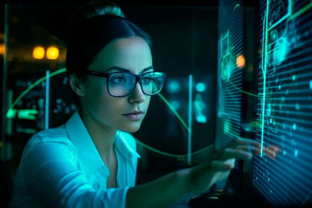 woman with glasses using holographic displays, generated by AIの素材