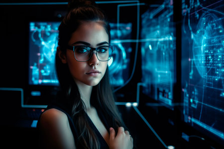 pretty woman with glasses using holographic displays, generated by AIの素材