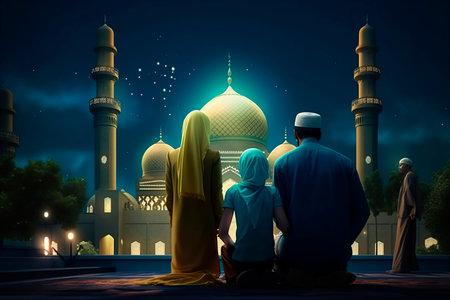 Family looking at the mosque. Ramadan Kareem greeting concept. Generative Aiの素材