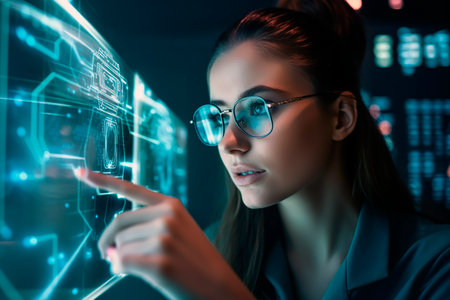 woman with glasses using holographic displays, generated by AIの素材