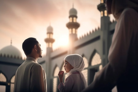 Ramadan Kareem greeting. Family looking at the mosque. AI generatedの素材