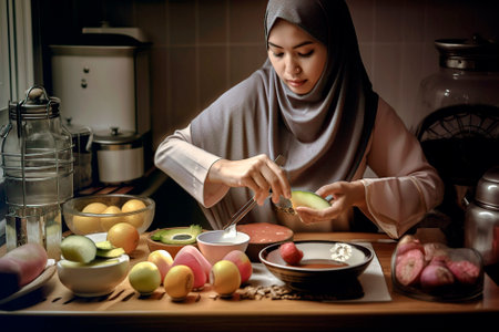 muslim woman preparing ramadan food for if tar. generated by AIの素材