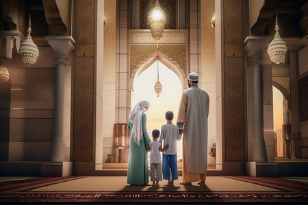 Ramadan Kareem greeting. Family looking at the mosque. AI generatedの素材