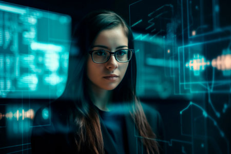 pretty woman with glasses using holographic displays, generated by AIの素材