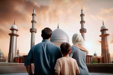 Family looking at the mosque. Ramadan Kareem greeting concept. Generative Aiの素材