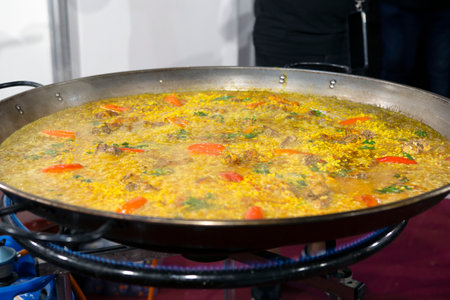close up shot of preparing chicken paellaの写真素材