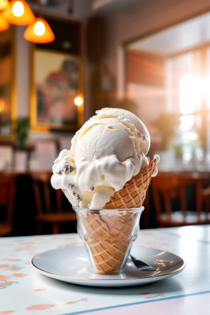 Close-up shot of artisan ice cream on table in the ice cream shop.の素材