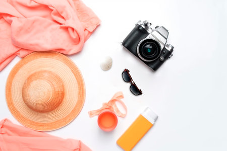 Top view photo of camera hat glasses seashells and starfish on isolated background.の素材