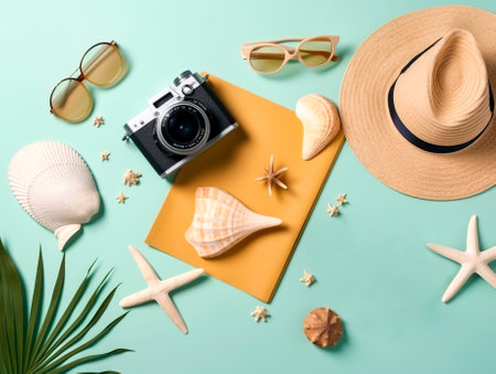 Top view photo of camera hat glasses seashells and starfish on isolated background.の素材