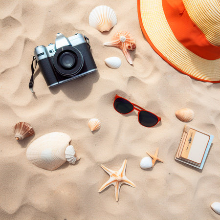 Top view photo of camera hat glasses seashells and starfish on isolated background.の素材