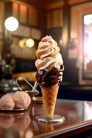 close-up shot of artisan ice cream on table in the ice cream shopの素材