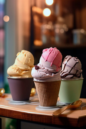 Artisan ice cream on table in the ice cream shop.の素材