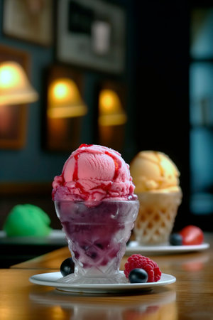 Close-up shot of artisan ice cream on table in the ice cream shop.の素材