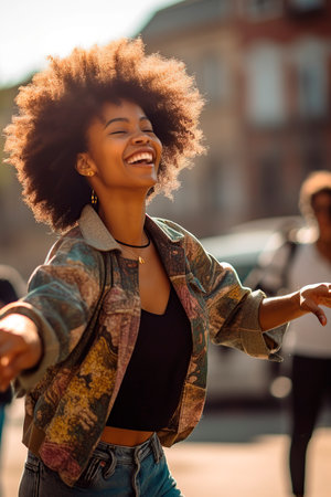 African-American woman dancing and jumping happily in the street. generated with AIの素材