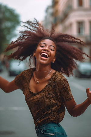 African-American woman dancing and jumping happily in the street. generated with AIの素材