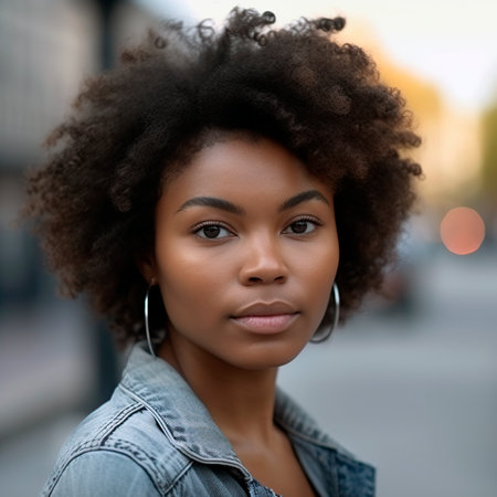 close-up of beautiful african american woman looking at the camera, generated with AIの素材