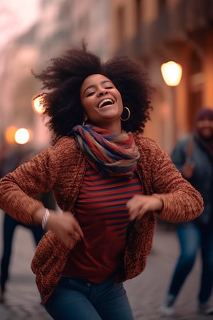 young African-American woman dancing and jumping happily in the street. generated with AIの素材