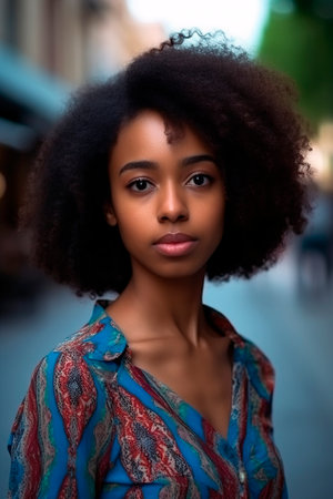 close-up of beautiful african american woman looking at the camera, generated with AIの素材