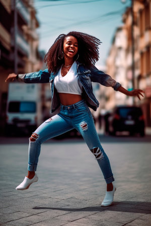 African-American woman dancing and jumping happily in the street. generated with AIの素材