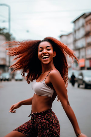 young African-American woman dancing and jumping happily in the street. generated with AIの素材