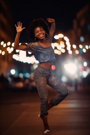 young African-American woman dancing and jumping happily in the street. generated with AIの素材