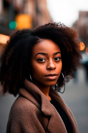 close-up of beautiful african american woman looking at the camera, generated with AIの素材