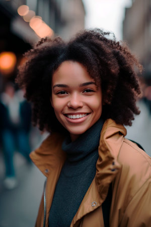 close-up of beautiful african american woman looking at the camera, generated with AIの素材