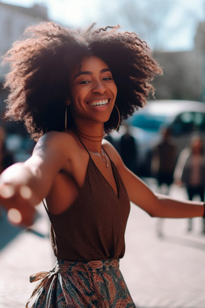 young African-American woman dancing and jumping happily in the street. generated with AIの素材