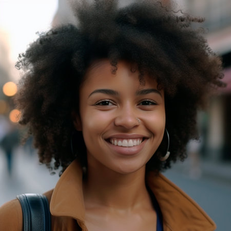 close-up of beautiful african american woman looking at the camera, generated with AIの素材