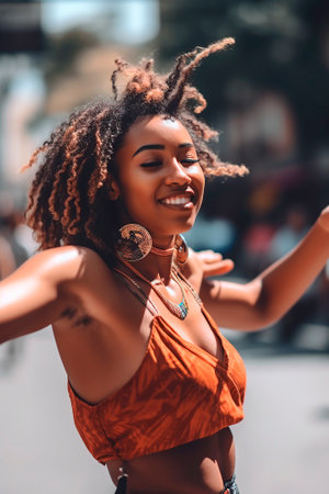 young African-American woman dancing and jumping happily in the street. generated with AIの素材