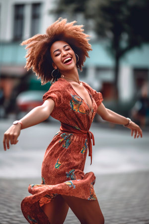 young African-American woman dancing and jumping happily in the street. generated with AIの素材
