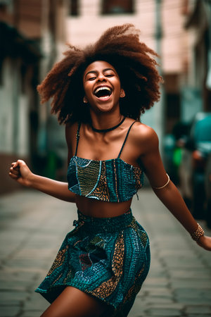 African-American woman dancing and jumping happily in the street. generated with AIの素材