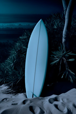 a surfboard stuck in the sand on a beach.の素材