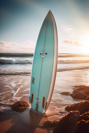 a surfboard stuck in the sand on a beach.の素材