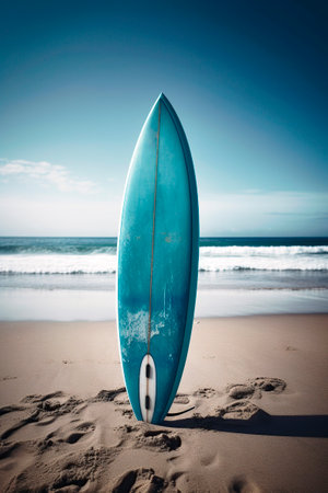 surfboard stuck in the beach sand.の素材