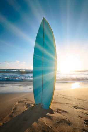 surfboard stuck in the beach sand.の素材