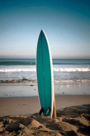 surfboard stuck in the beach sand.の素材