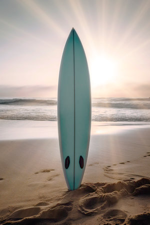 a surfboard stuck in the sand on a beach.の素材