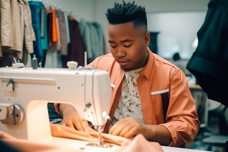 man sewing with machine at workの素材