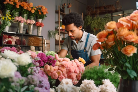 man concentrating on his work in a florist's shopの素材