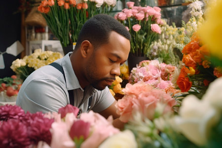 man concentrating on his work in a florist's shopの素材