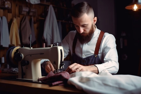 man sewing with machine at workの素材