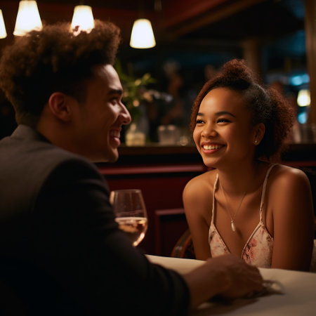 young interracial couple on a date in a restaurantの素材