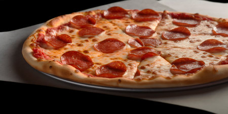 close-up shot of delicious cheese and pepperoni pizzaの素材