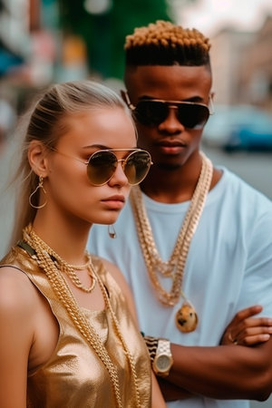 young multi-ethnic couple with rapper style lookの素材