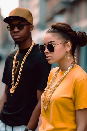 young multiracial couple with rapper style lookの素材