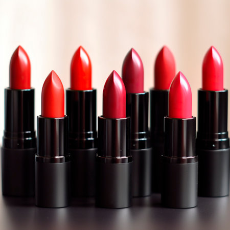 Set of lipsticks in red and natural colors, studio photoの写真素材