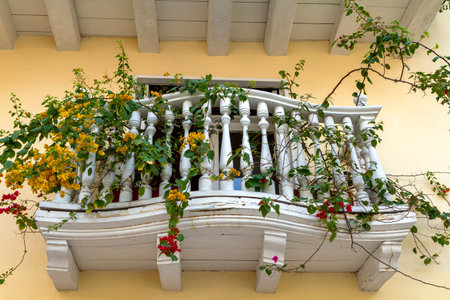 white wooden balcony with flowersの写真素材
